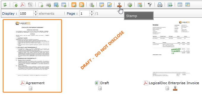 Manual application of the watermark by clicking on the icon "Stamp"