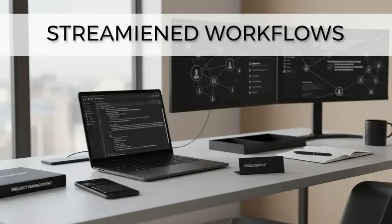 Modern workspace with multiple screens showing project management dashboards and team collaboration tools