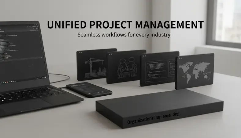 Collage showing different industries using project management software - construction site, marketing team, software developers, and consultants