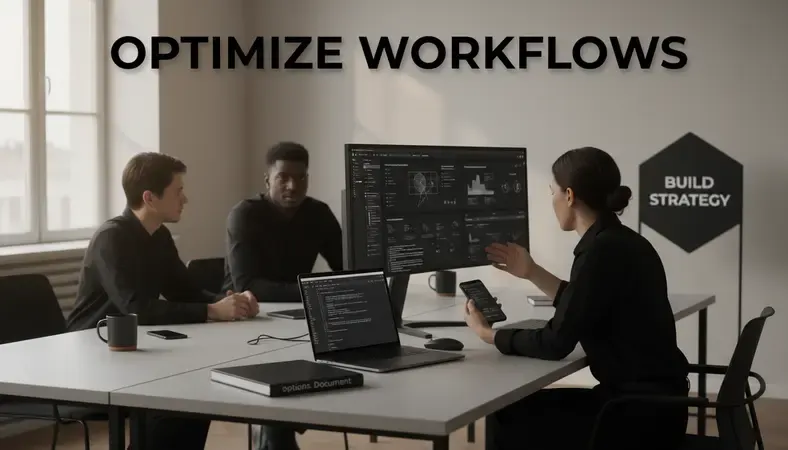 Modern office environment showing teams collaborating with digital project management tools and dashboards