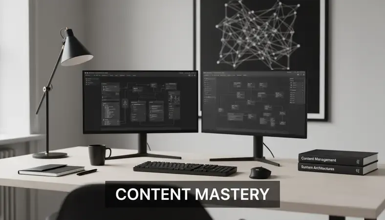 Modern office workspace with multiple screens displaying content management dashboard interfaces