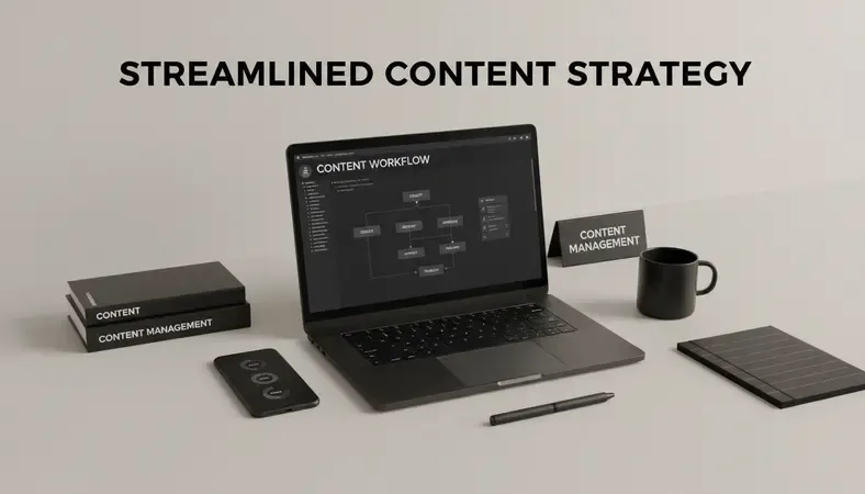Flowchart showing content workflow from creation through approval to publication with multiple stakeholder touchpoints