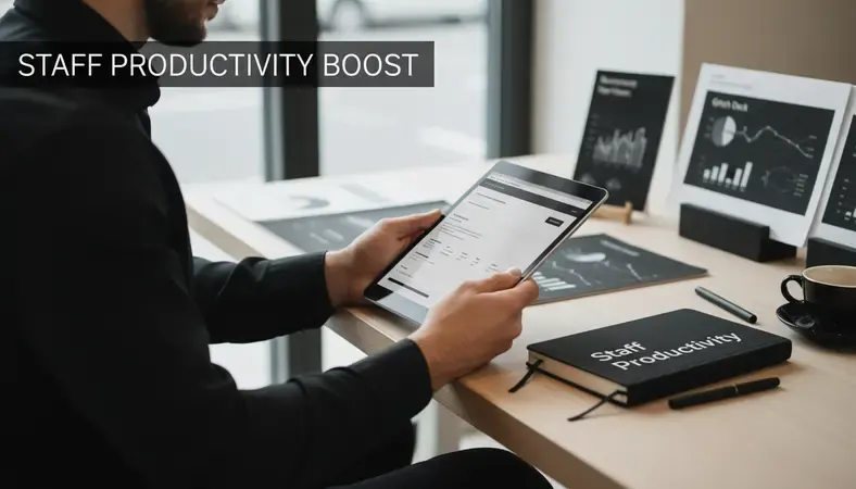 Business professional using tablet to access content management system while working remotely from a coffee shop