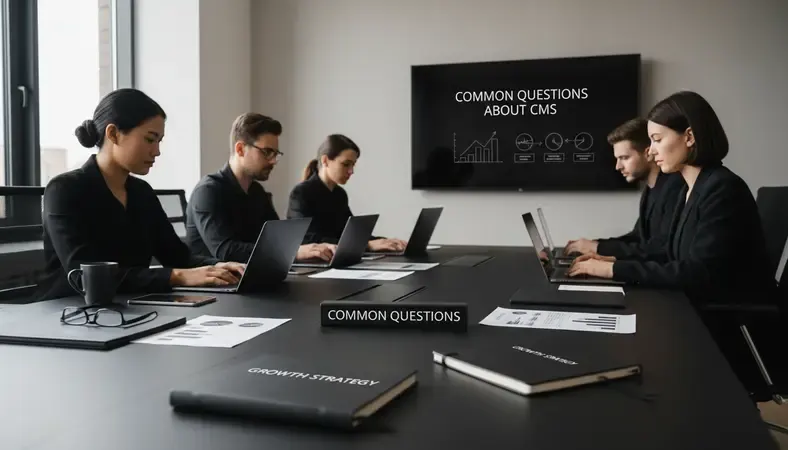 Group of business professionals in a conference room learning content management system features on laptops and large display screen