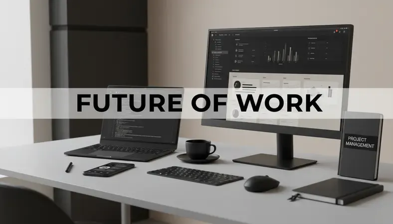 Modern office workspace showing multiple screens with project management dashboards and team collaboration tools