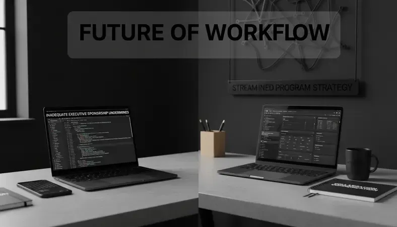Split-screen comparison showing chaotic project management approach versus organized program management dashboard