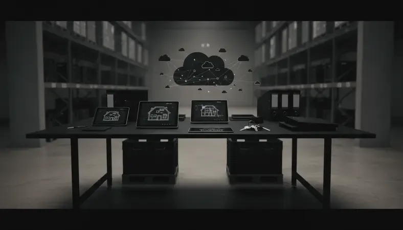 Modern warehouse with digital inventory tracking systems and cloud connectivity icons