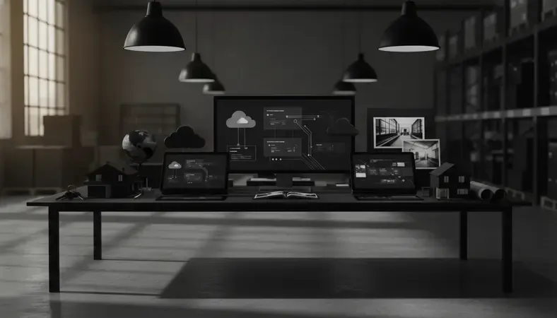 Modern warehouse with digital inventory management displays showing cloud and on-premise system interfaces