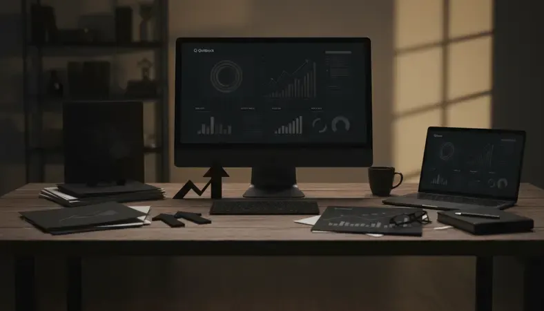 Professional workspace showing QuickBooks dashboard with inventory tracking screens and business documents