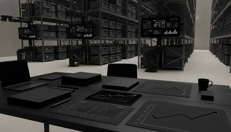 Modern warehouse facility with organized storage systems and digital tracking equipment
