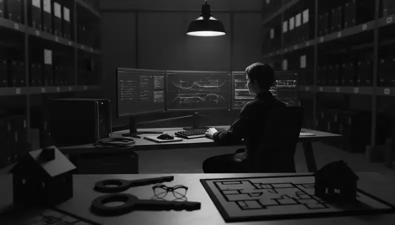 IT technician working on warehouse management system with multiple monitors showing operational data