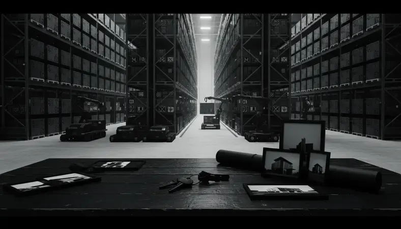 Modern logistics warehouse interior with automated systems and organized inventory rows