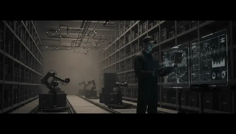 Warehouse worker using handheld scanner while picking items from organized shelving