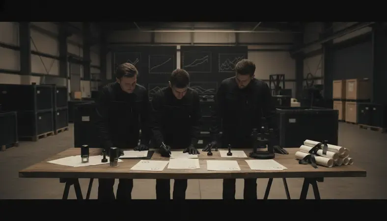 Team meeting in warehouse discussing solutions with charts and documents visible