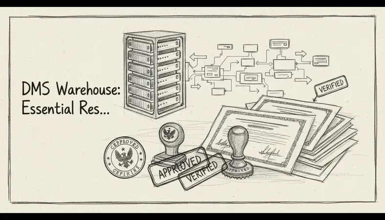 Modern data center servers representing DMS warehouse infrastructure with digital document flow visualization