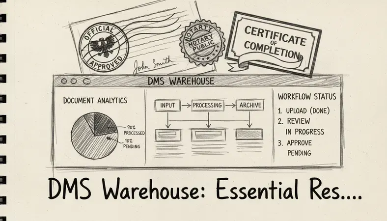 Professional DMS warehouse dashboard showing document analytics and workflow status