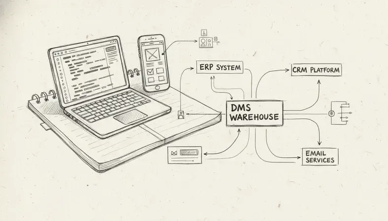 Network diagram showing DMS warehouse connections to various enterprise systems including ERP, CRM, and email platforms