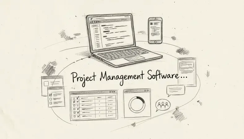 Project management software dashboard showing task lists, progress charts, and team collaboration features