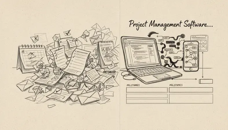 Split screen showing chaotic traditional project management with papers and emails versus organized digital project management interface