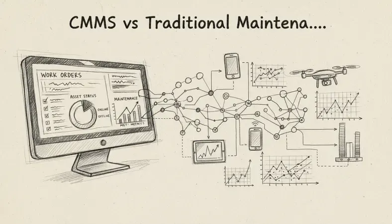 CMMS dashboard showing work orders, asset status, and maintenance metrics on computer screen
