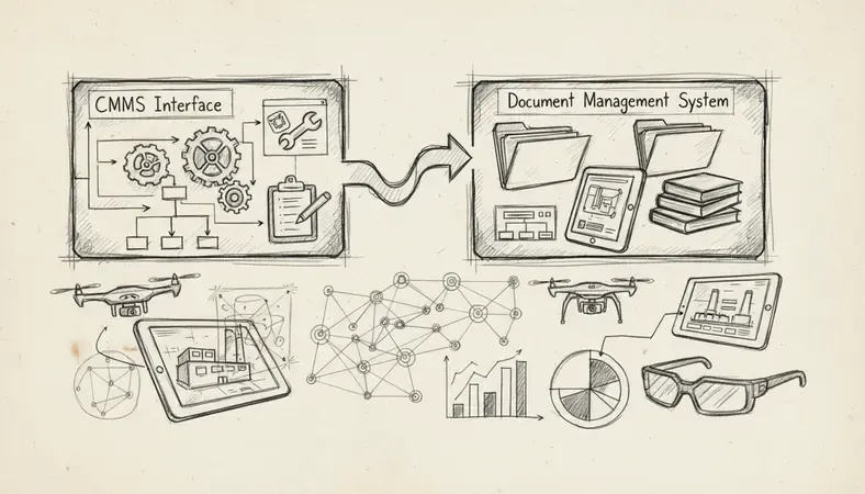 Split screen showing CMMS interface connected to document management system with technical manuals