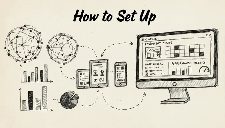 Modern maintenance management system dashboard showing equipment status, work orders, and performance metrics on computer screens