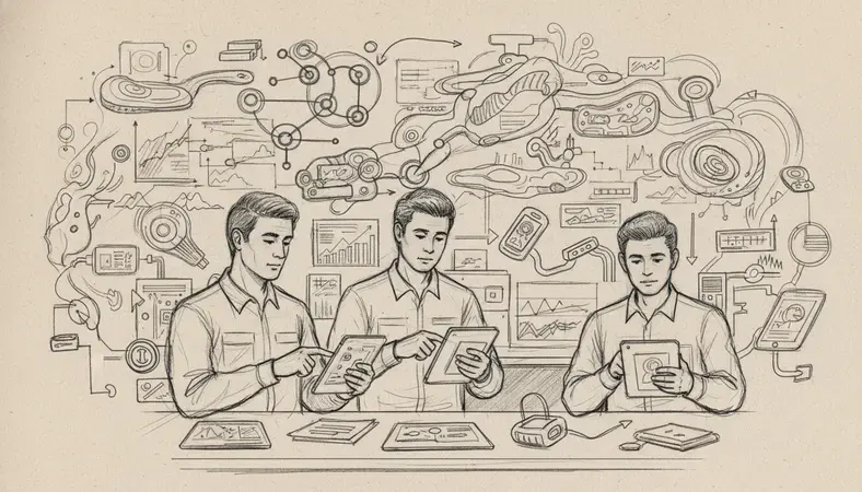 Maintenance technicians receiving hands-on training on tablets and mobile devices in a workshop setting