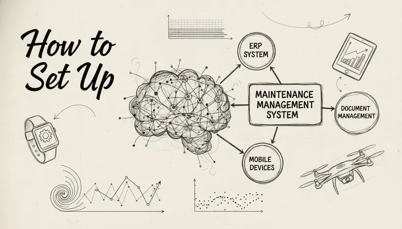 Network diagram showing maintenance management system connected to various business systems including ERP, document management, and mobile devices