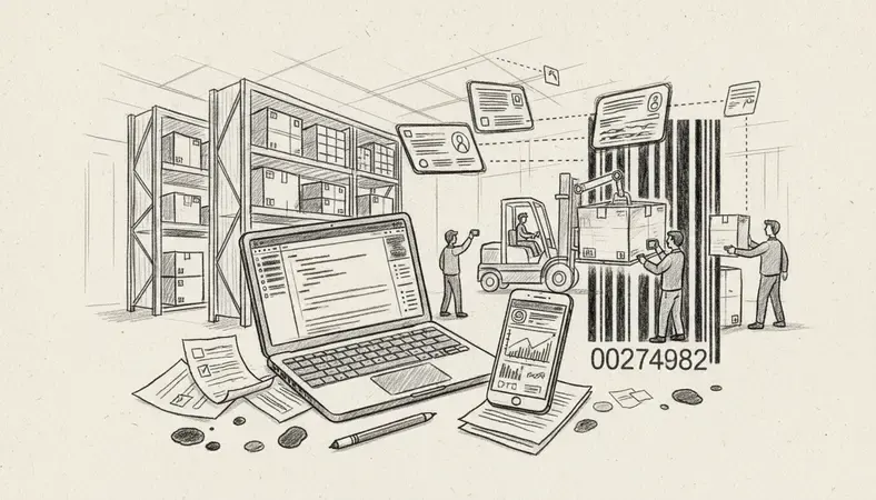 Modern warehouse with digital inventory tracking systems and barcode scanners