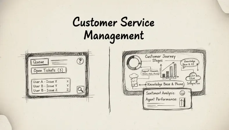 Split-screen showing basic help desk interface versus comprehensive customer service management dashboard