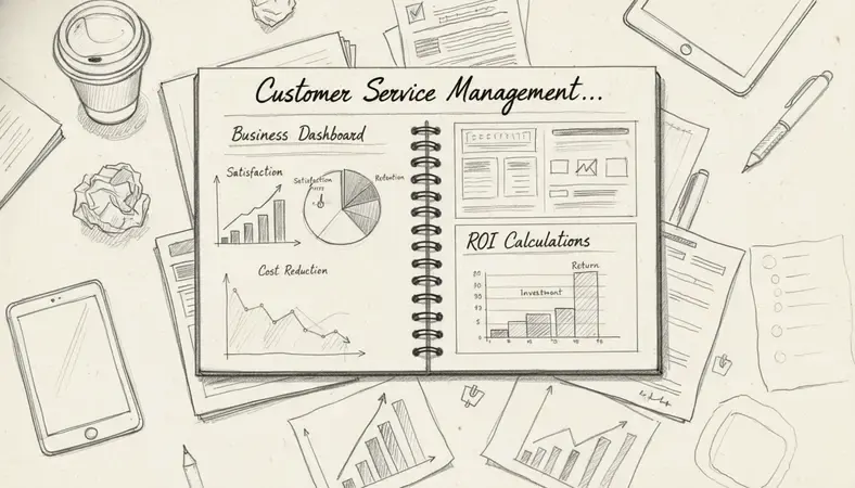 Business dashboard showing customer service metrics, cost reduction graphs, and ROI calculations