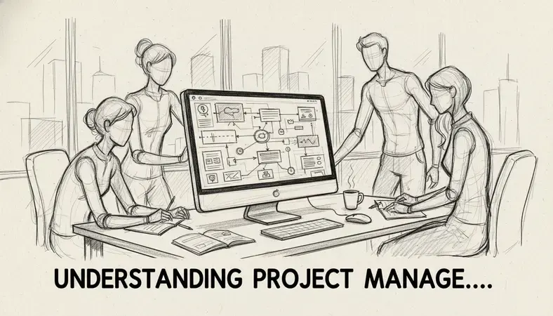 Modern office workspace with team collaborating around computer displaying project management dashboard