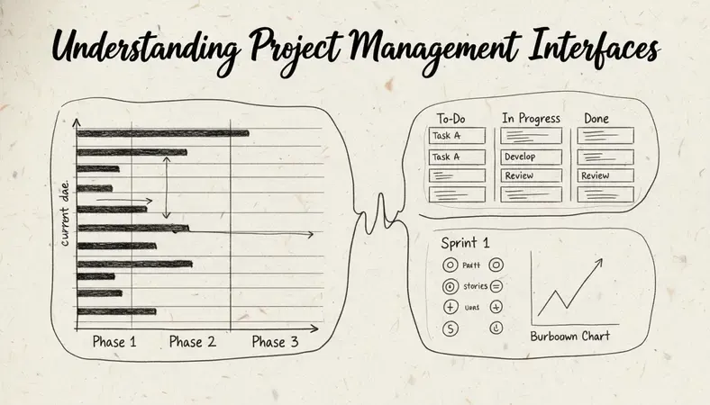 Split screen showing different project management interface types - Gantt chart, Kanban board, and Agile sprint view