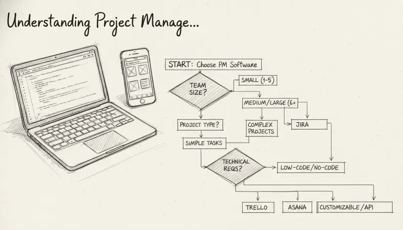 Flowchart showing decision points for choosing project management software based on team size, project type, and technical requirements