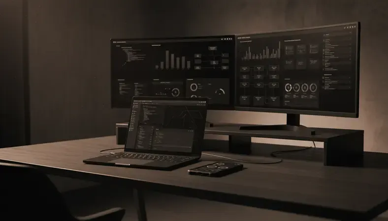 Modern office workspace showing multiple screens displaying different project management software interfaces with team collaboration tools