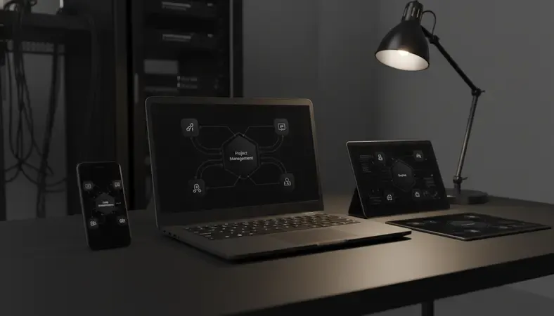 Network diagram showing project management software connecting to various business systems including CRM, accounting, file storage, and communication tools