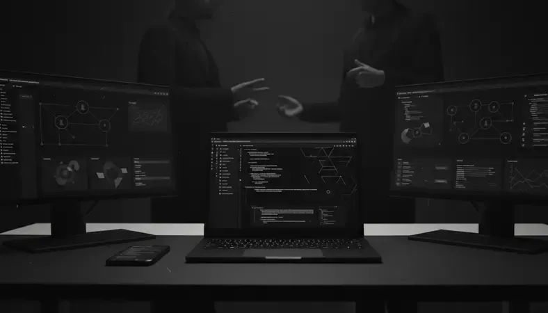 Modern office workspace showing team collaboration with digital project management dashboard on multiple screens