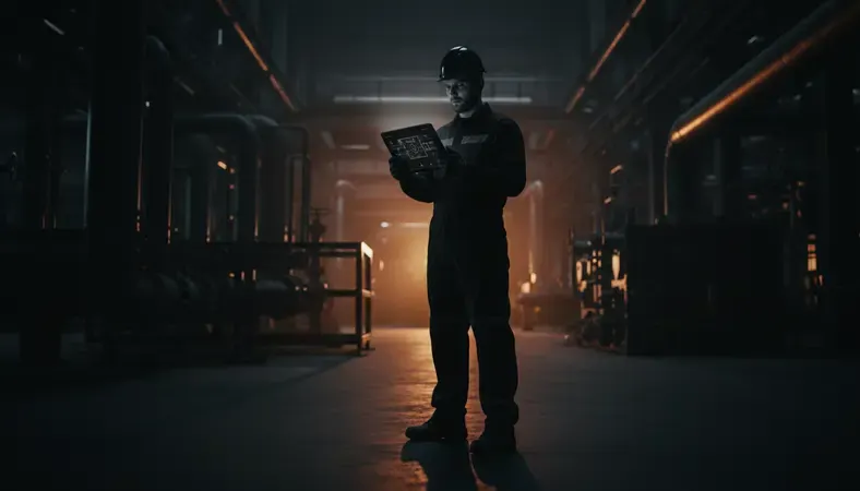 Modern maintenance technician using tablet with CMMS interface in industrial facility