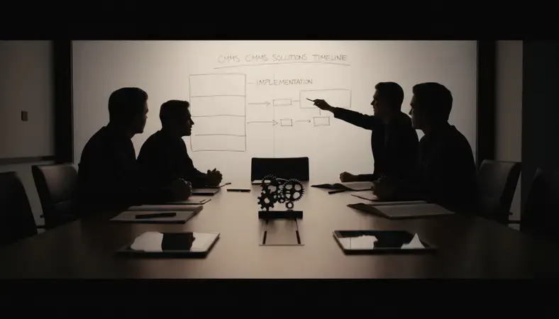 Project team reviewing CMMS implementation timeline on whiteboard
