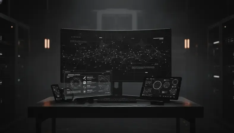 Digital dashboard showing maintenance schedules, work orders, and equipment status on computer screens