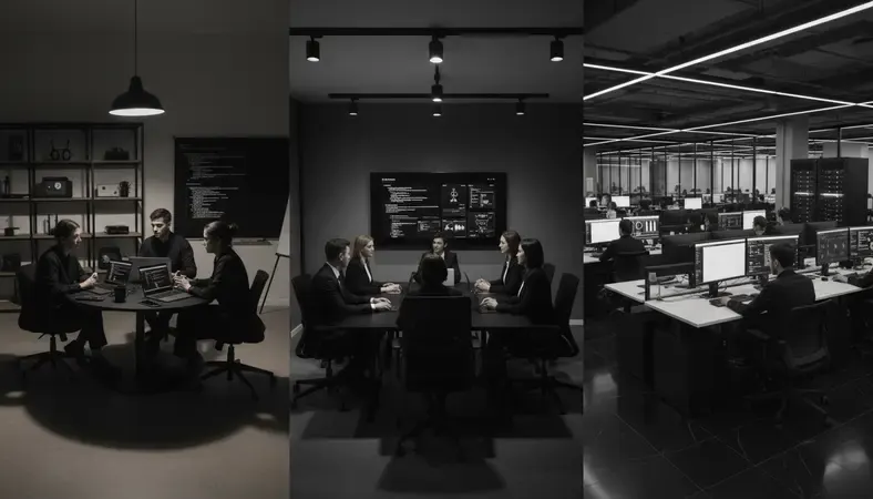 Three different office setups showing small startup team, medium company meeting room, and large enterprise workspace