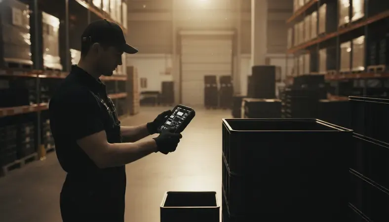 Warehouse worker using handheld scanner with digital interface showing real-time inventory data