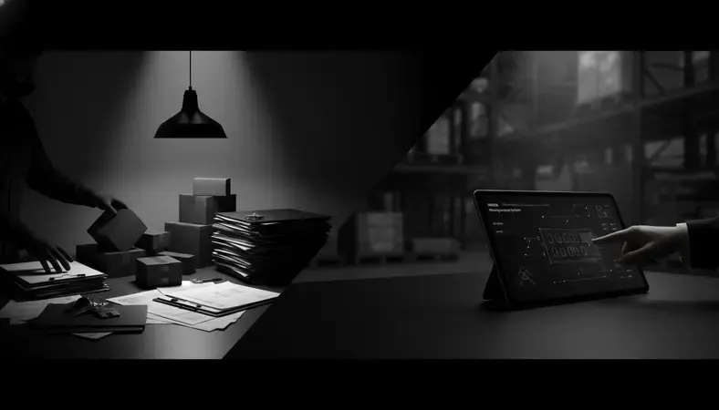 Split-screen showing traditional paper-based warehouse operations versus modern digital WMS interface