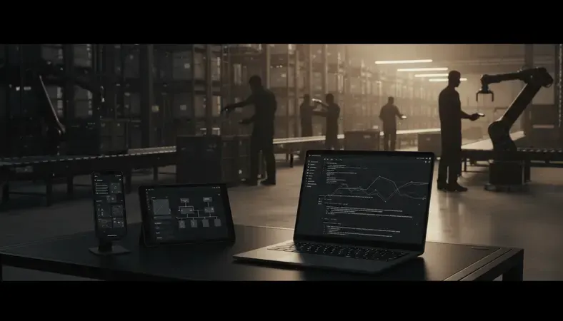 Modern warehouse floor with workers using handheld scanners and automated storage systems