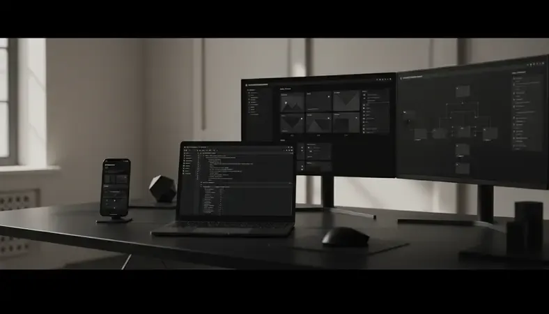 Modern workspace showing multiple screens with different CMS interfaces and content creation tools