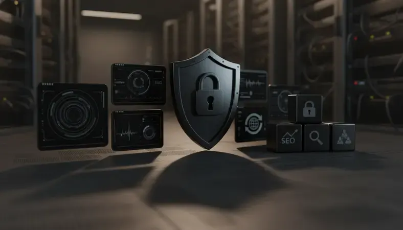 Infographic showing key CMS features with icons for security, performance, SEO, and user management