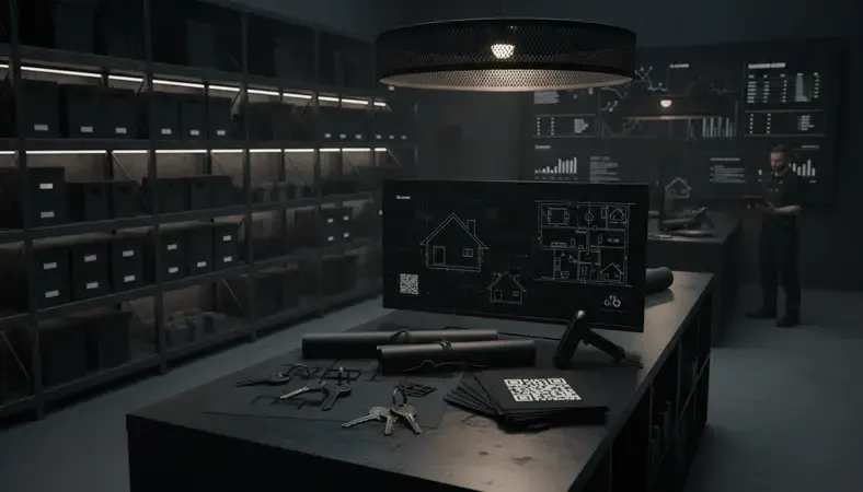 Modern warehouse with digital inventory tracking displays and barcode scanners