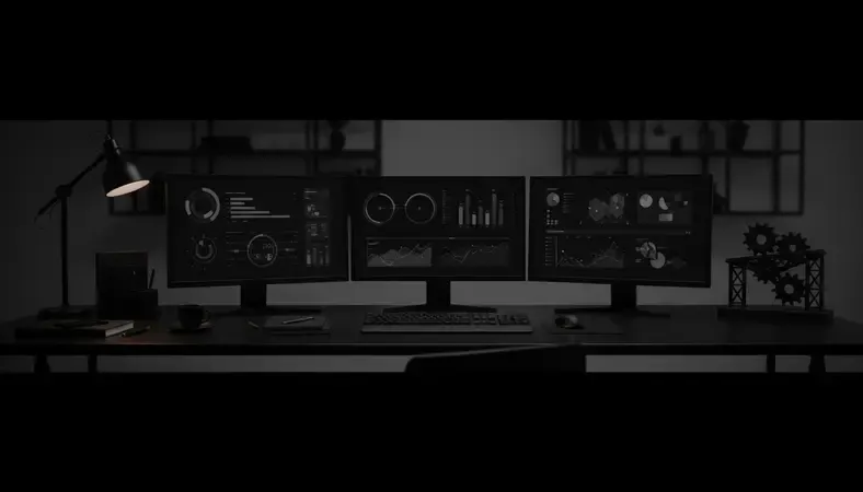 Modern office workspace showing multiple computer screens displaying program management dashboards and project timelines