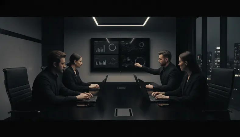 Business team reviewing program management software options on laptops and tablets in a modern conference room