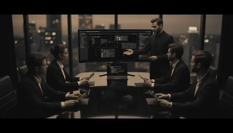 Professional training session showing instructor demonstrating program management software features to a diverse group of business professionals